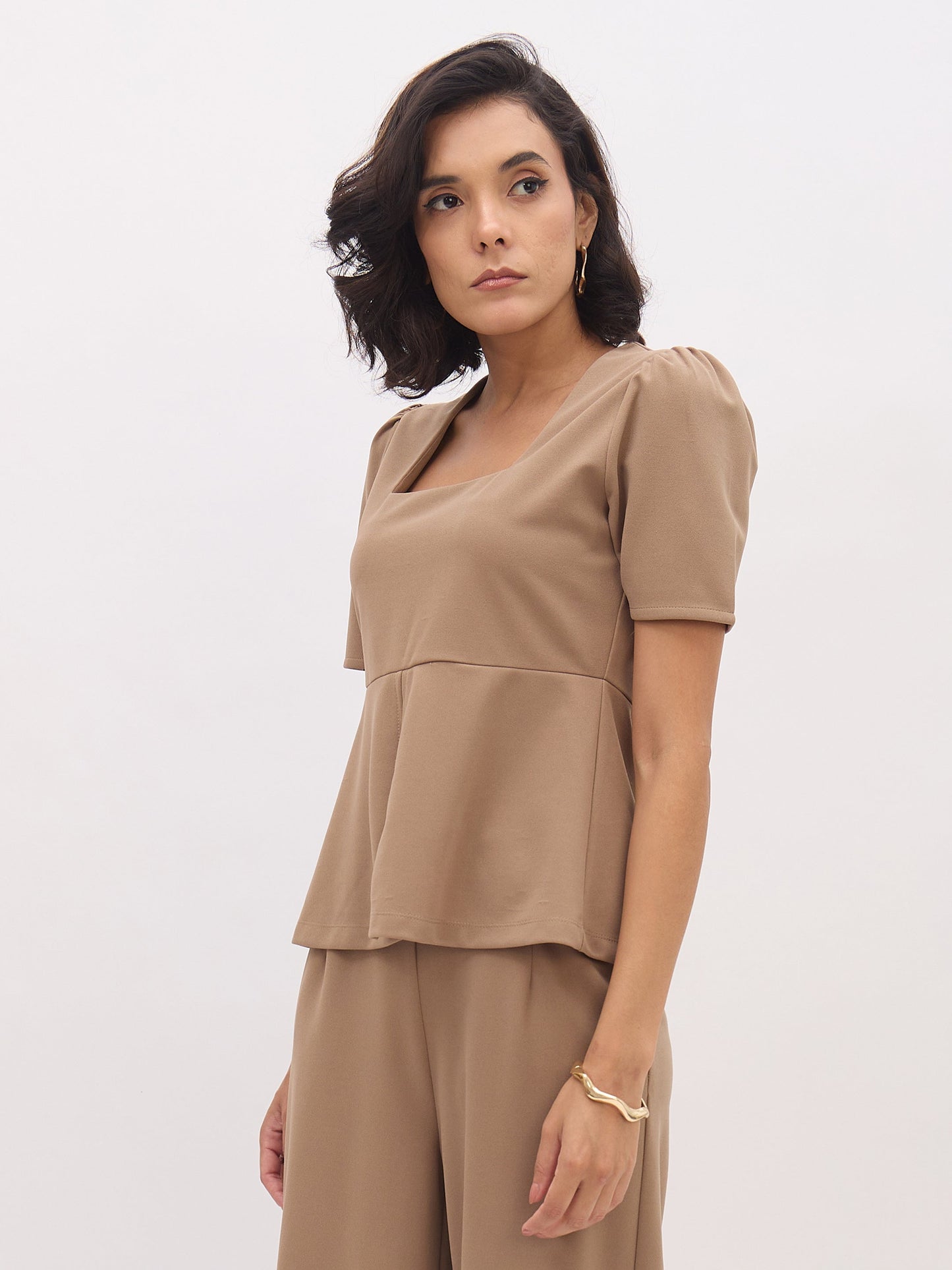 Women Beige Square Neck Front Slit Top