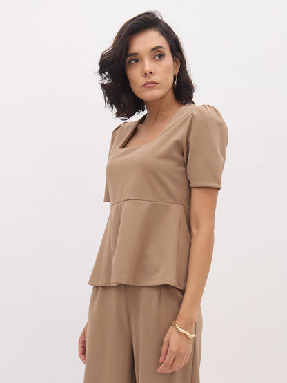 Women Beige Square Neck Front Slit Top