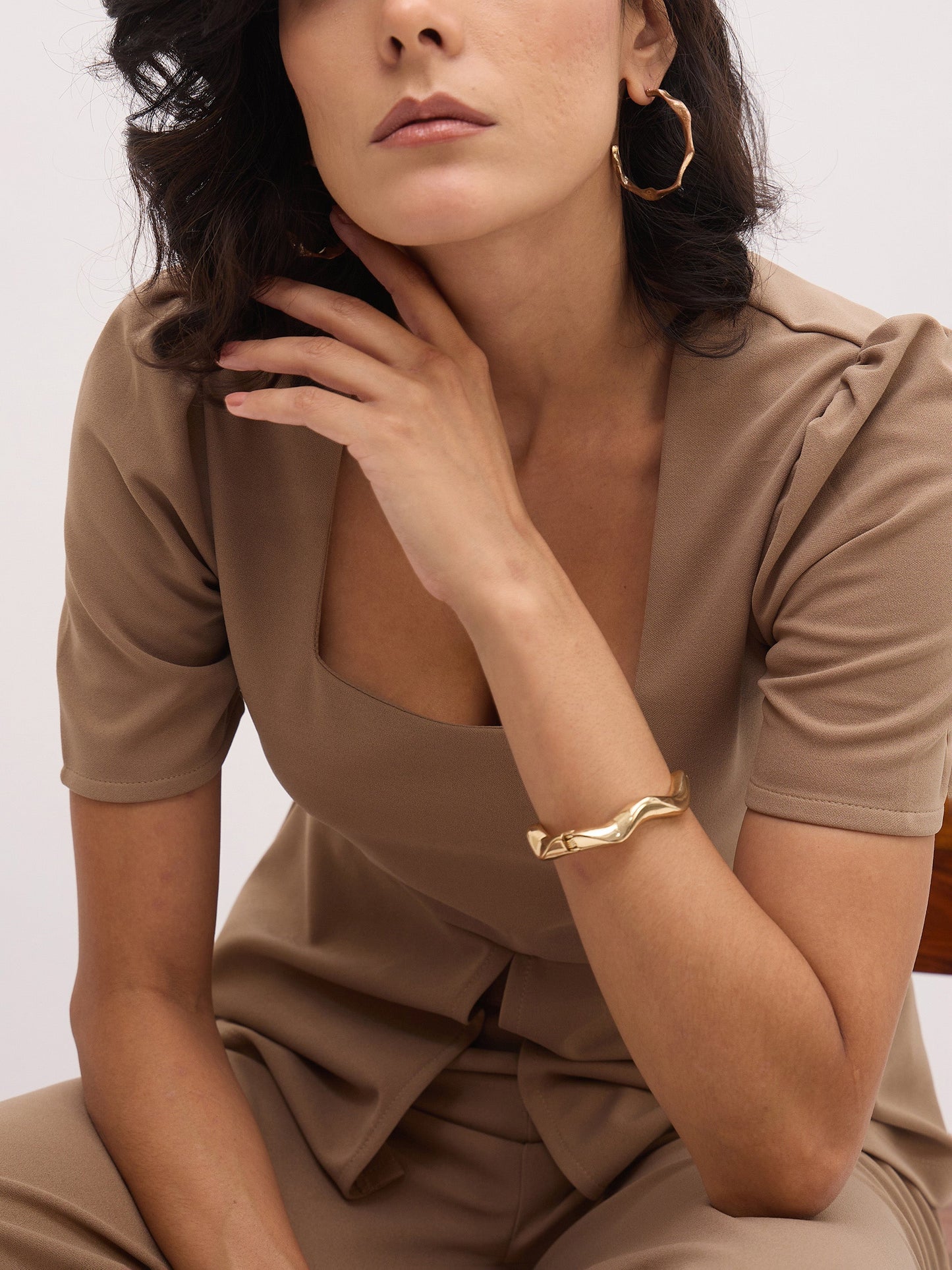 Women Beige Square Neck Front Slit Top