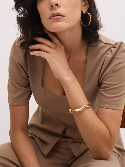 Women Beige Square Neck Front Slit Top