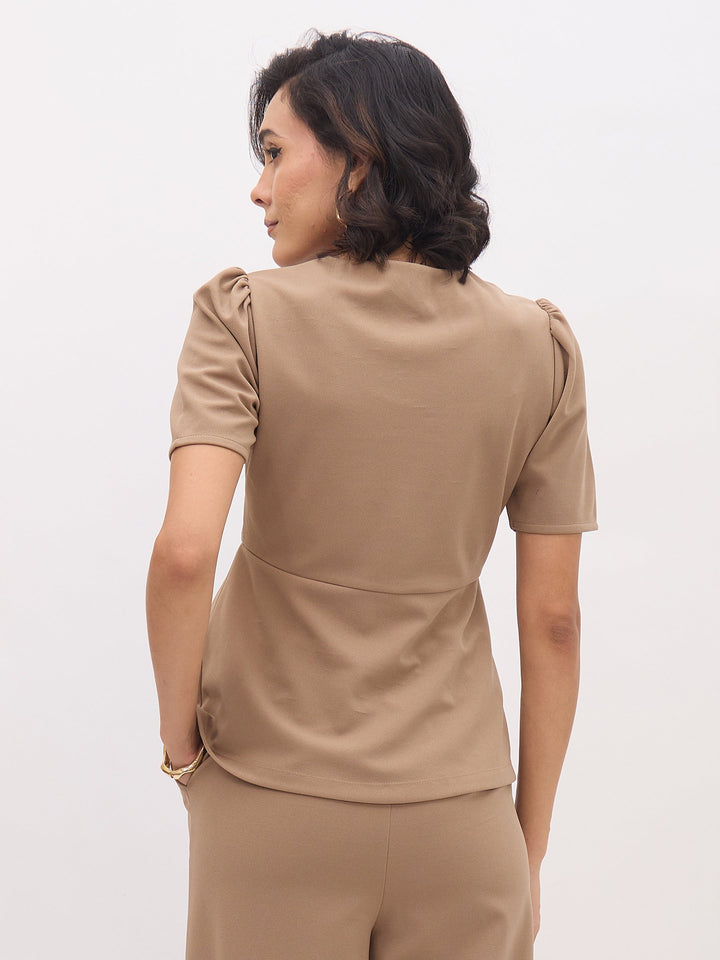 Women Beige Square Neck Front Slit Top