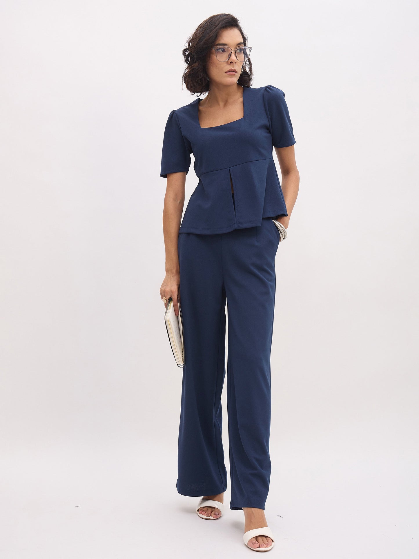 Women Blue Square Neck Front Slit Top