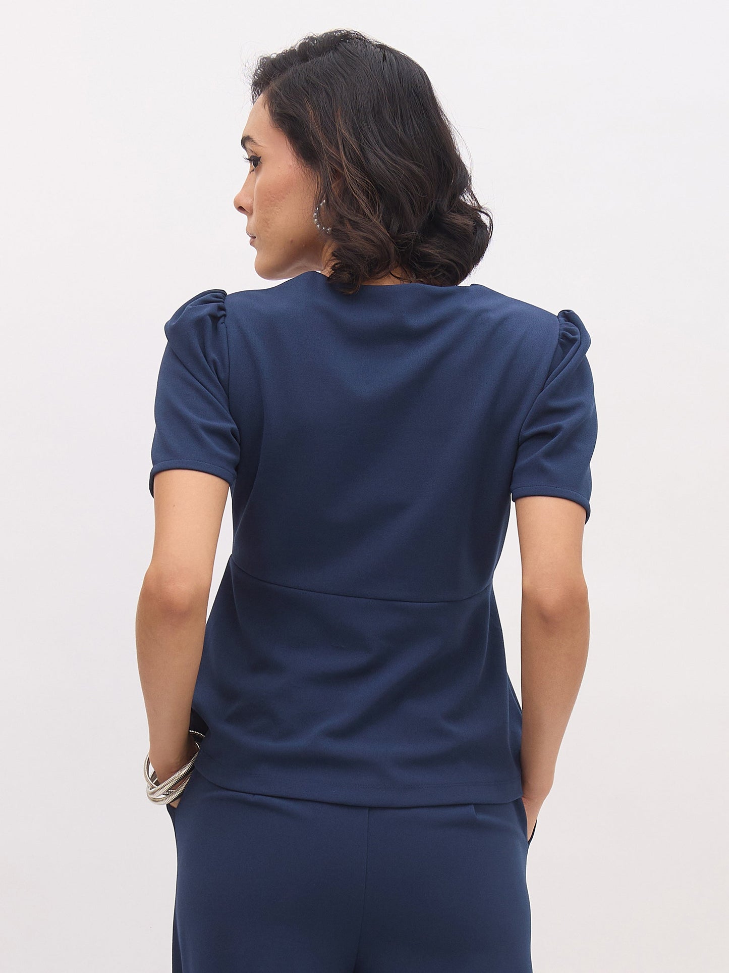 Women Blue Square Neck Front Slit Top