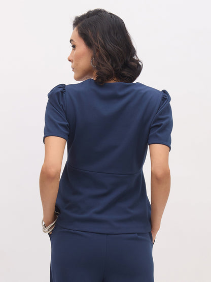 Women Blue Square Neck Front Slit Top