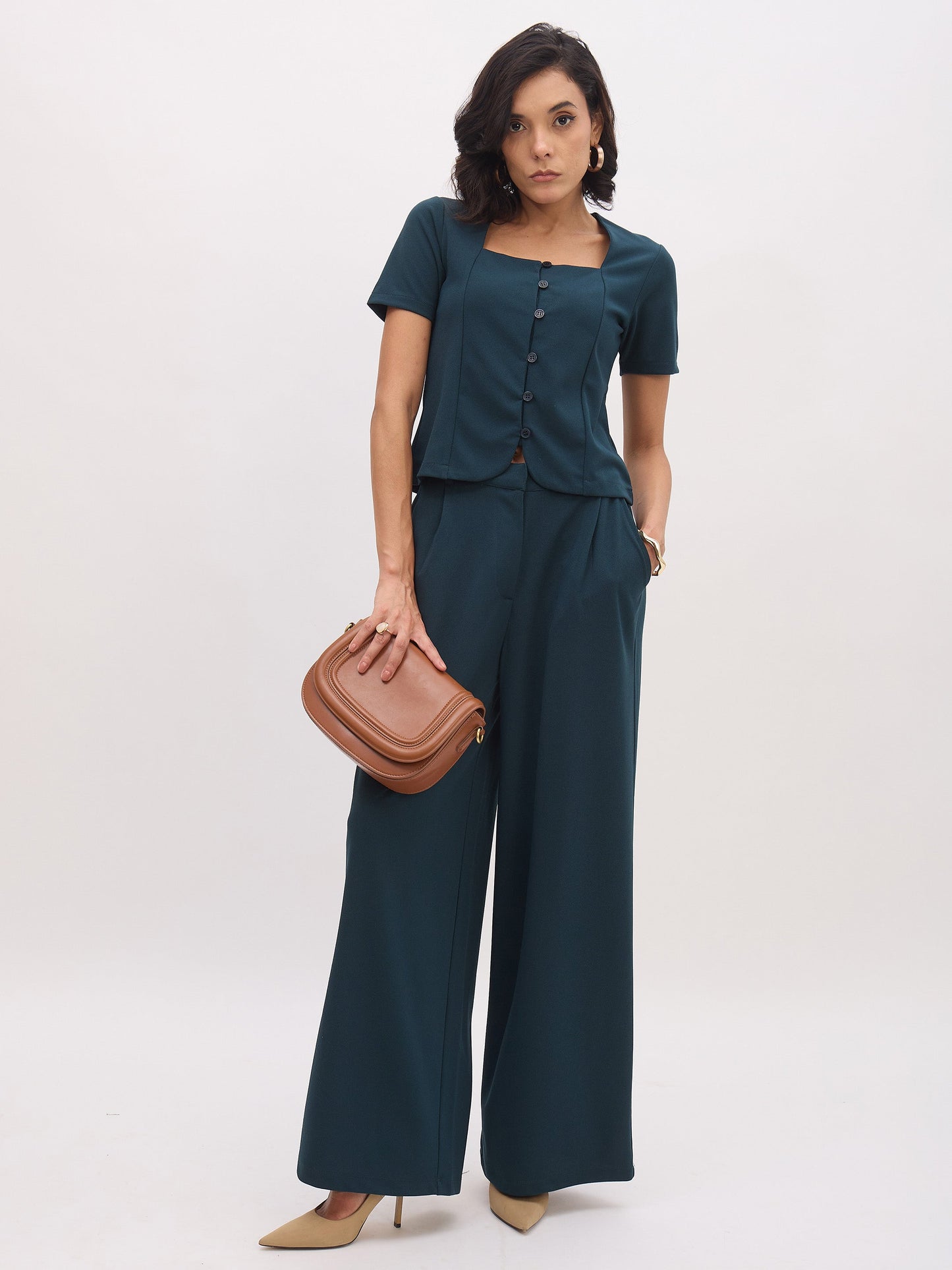Emerald Square Neck Half Sleeves Button Top