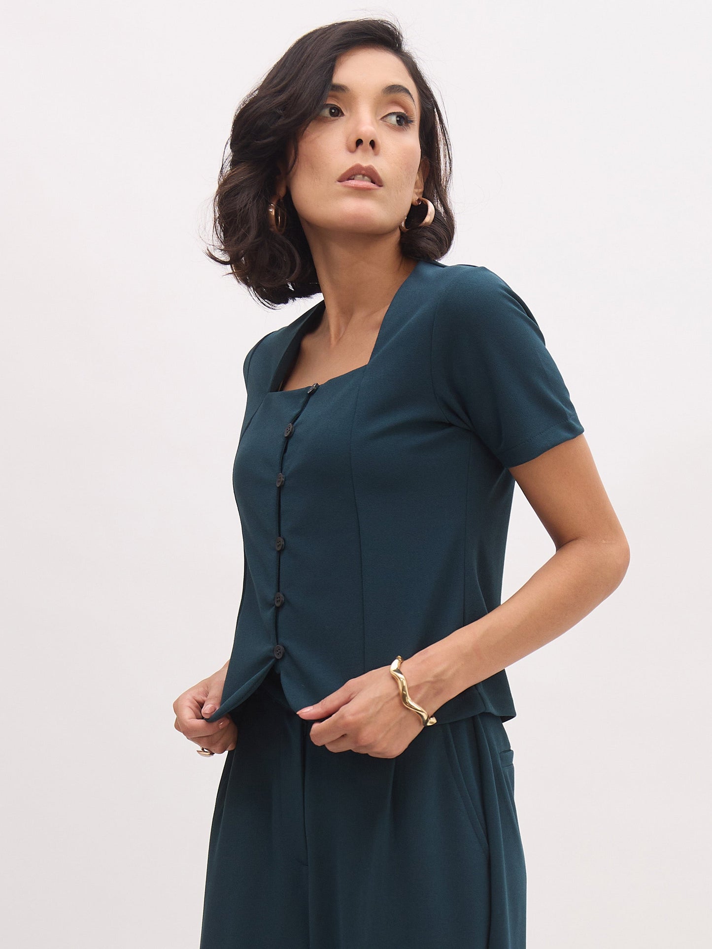 Emerald Square Neck Half Sleeves Button Top