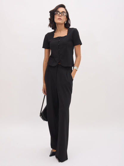 Women Black Square Neck Half Sleeves Button Top