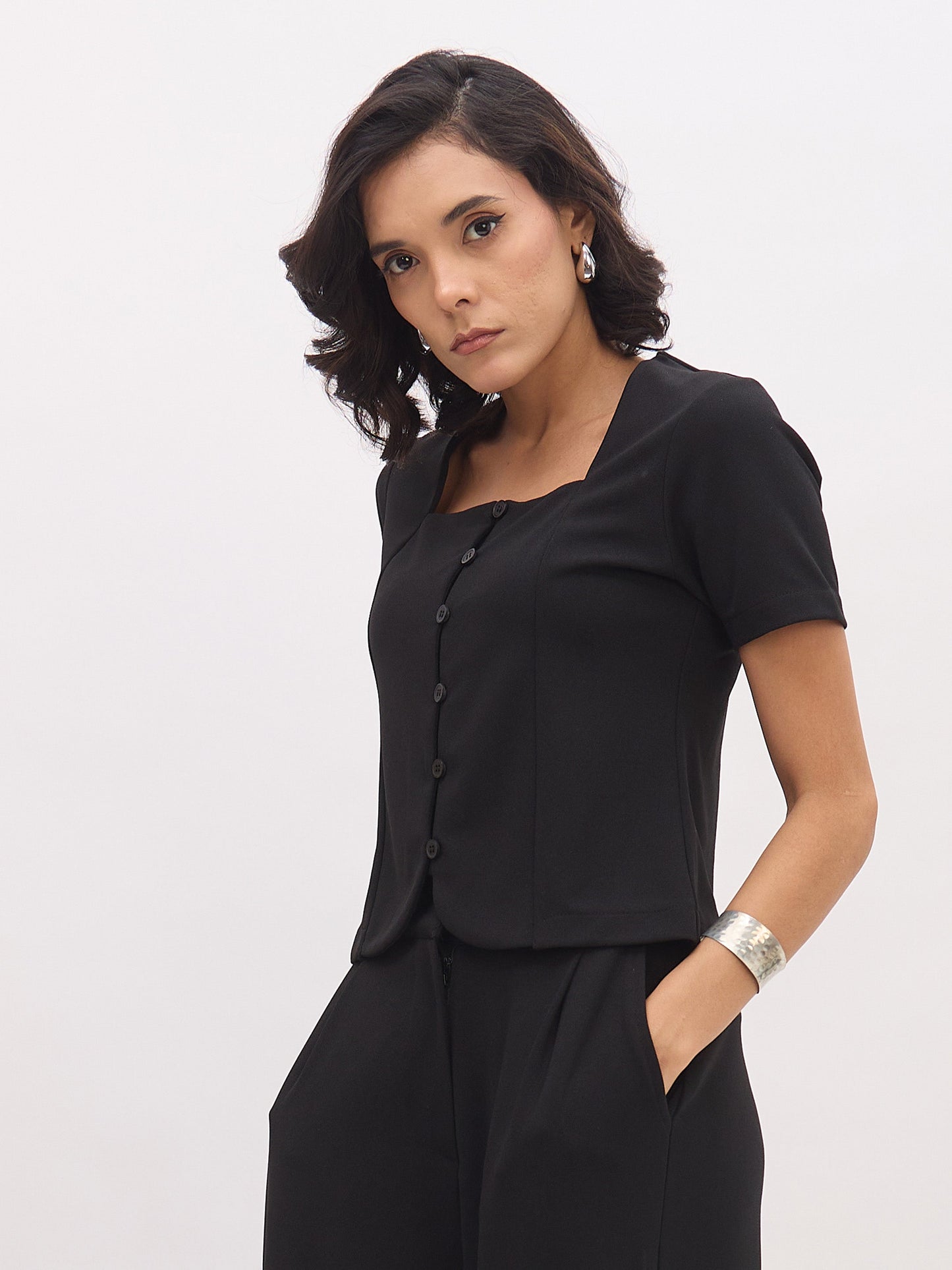 Women Black Square Neck Half Sleeves Button Top