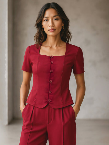 Women Maroon Square Neck Half Sleeves Button Top