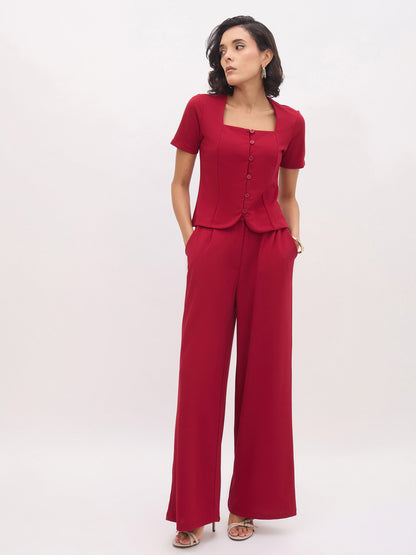 Women Maroon Square Neck Half Sleeves Button Top