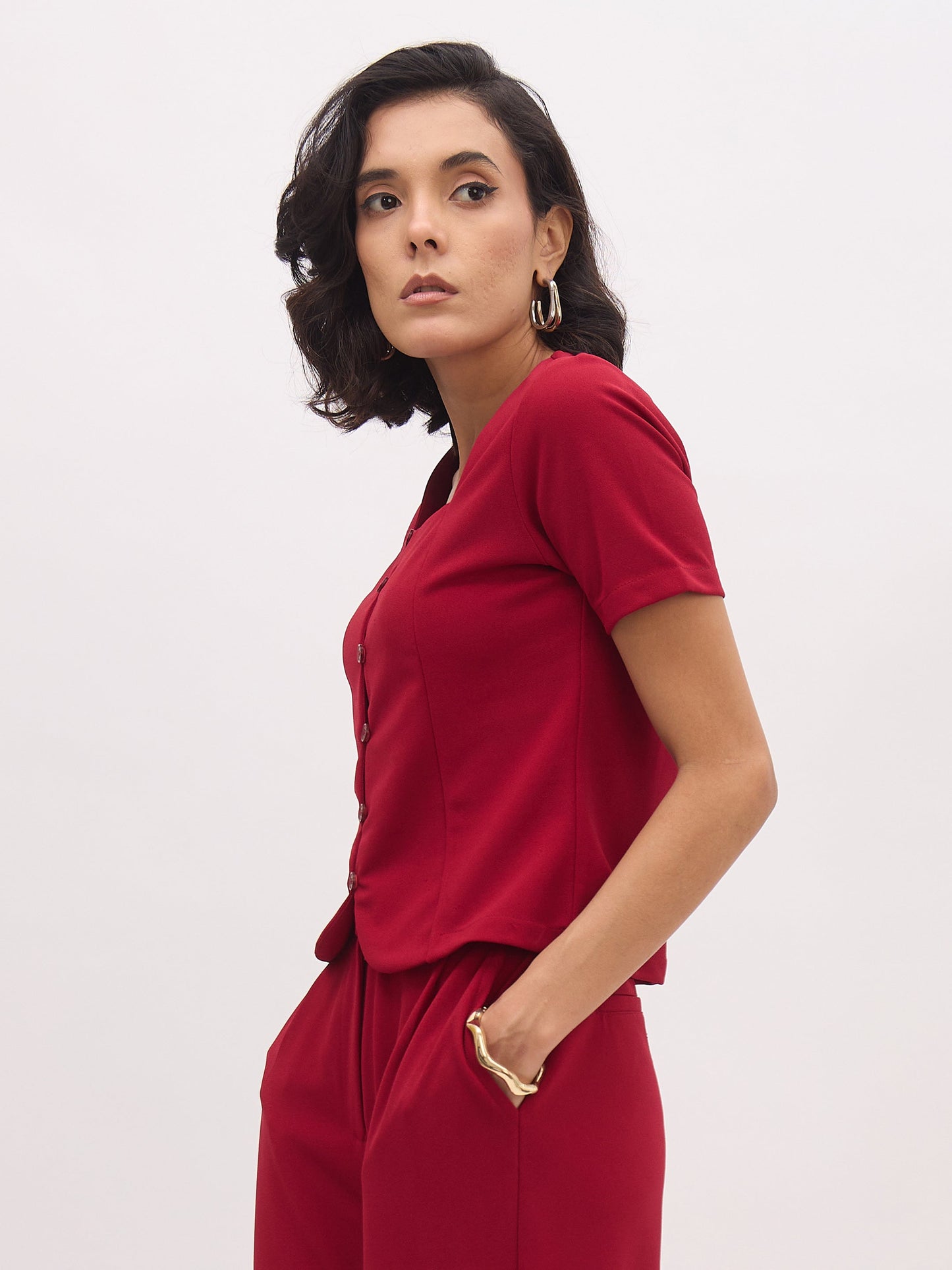 Women Maroon Square Neck Half Sleeves Button Top