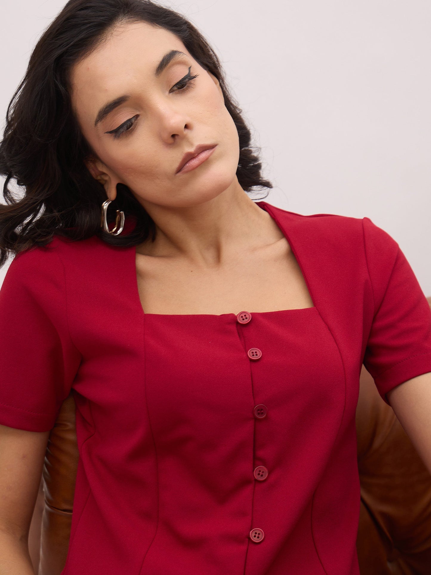 Women Maroon Square Neck Half Sleeves Button Top