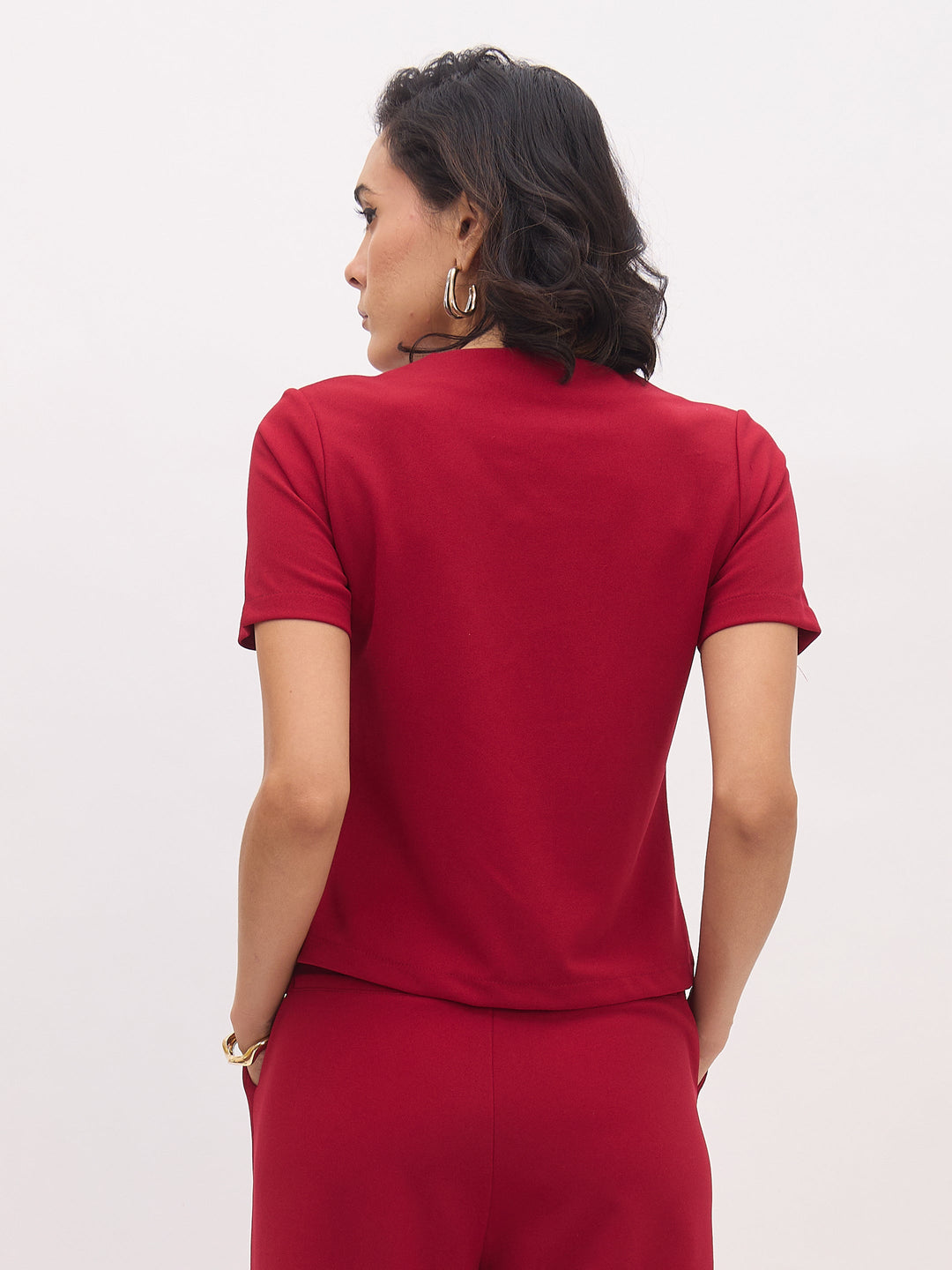 Women Maroon Square Neck Half Sleeves Button Top