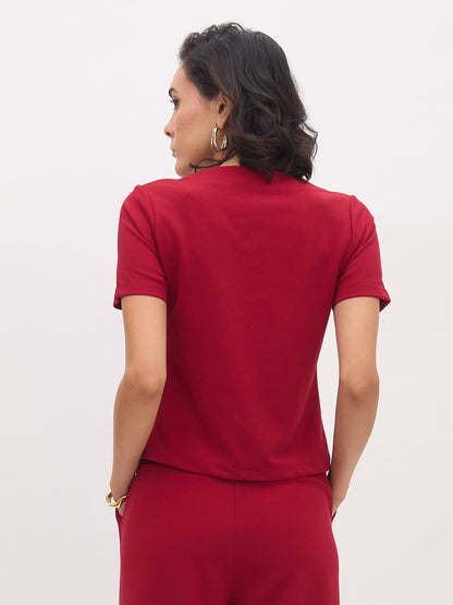 Women Maroon Square Neck Half Sleeves Button Top