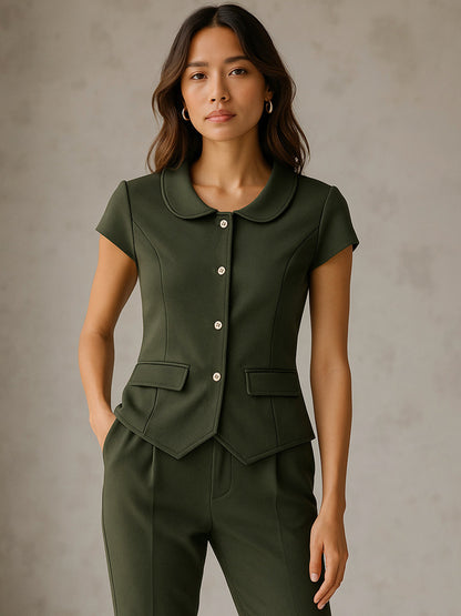 Olive PeterPan Collar Cap Sleeve Button Top