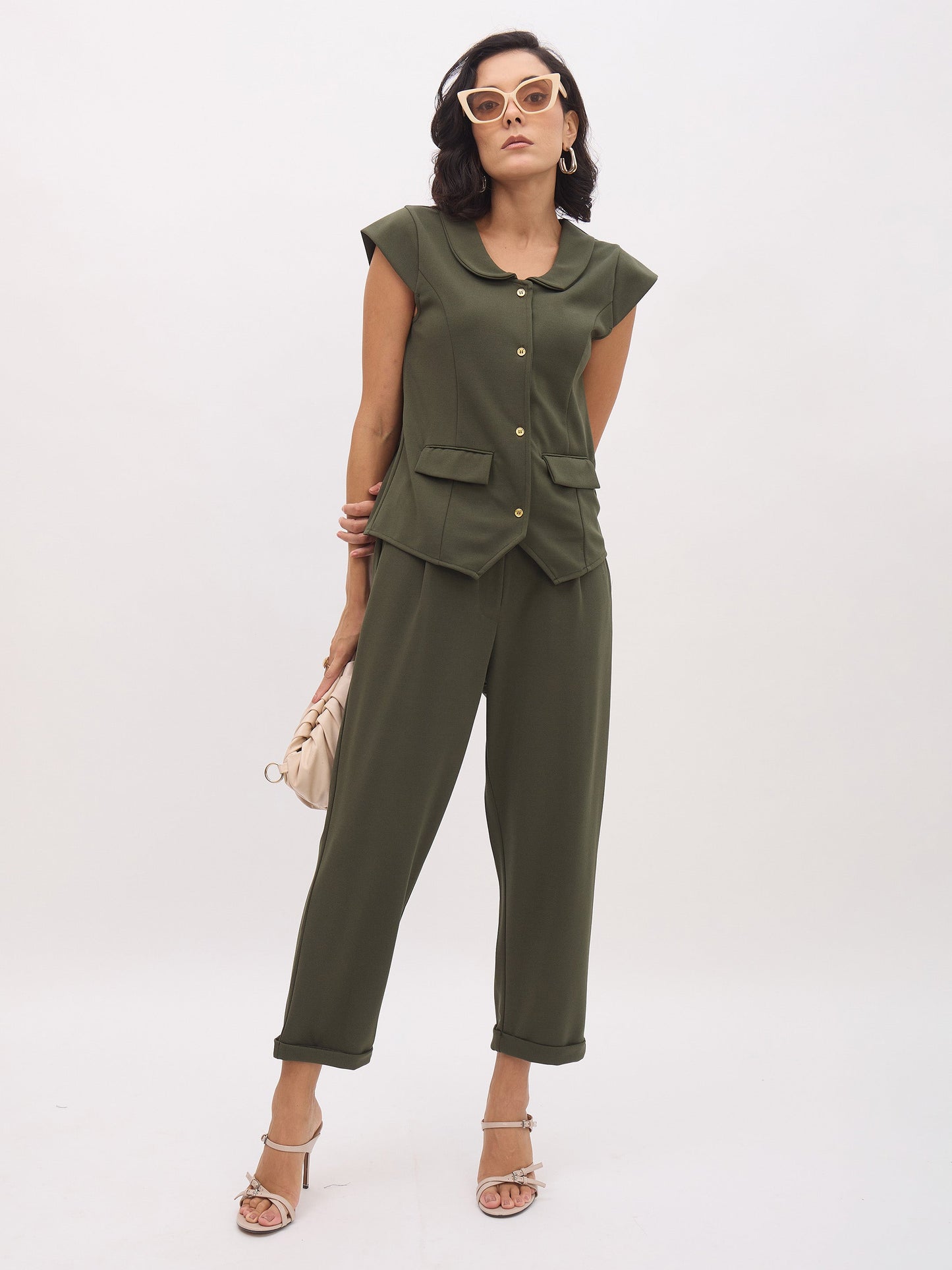 Olive PeterPan Collar Cap Sleeve Button Top