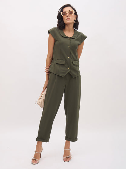 Olive PeterPan Collar Cap Sleeve Button Top