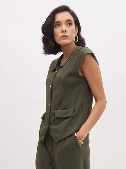 Olive PeterPan Collar Cap Sleeve Button Top