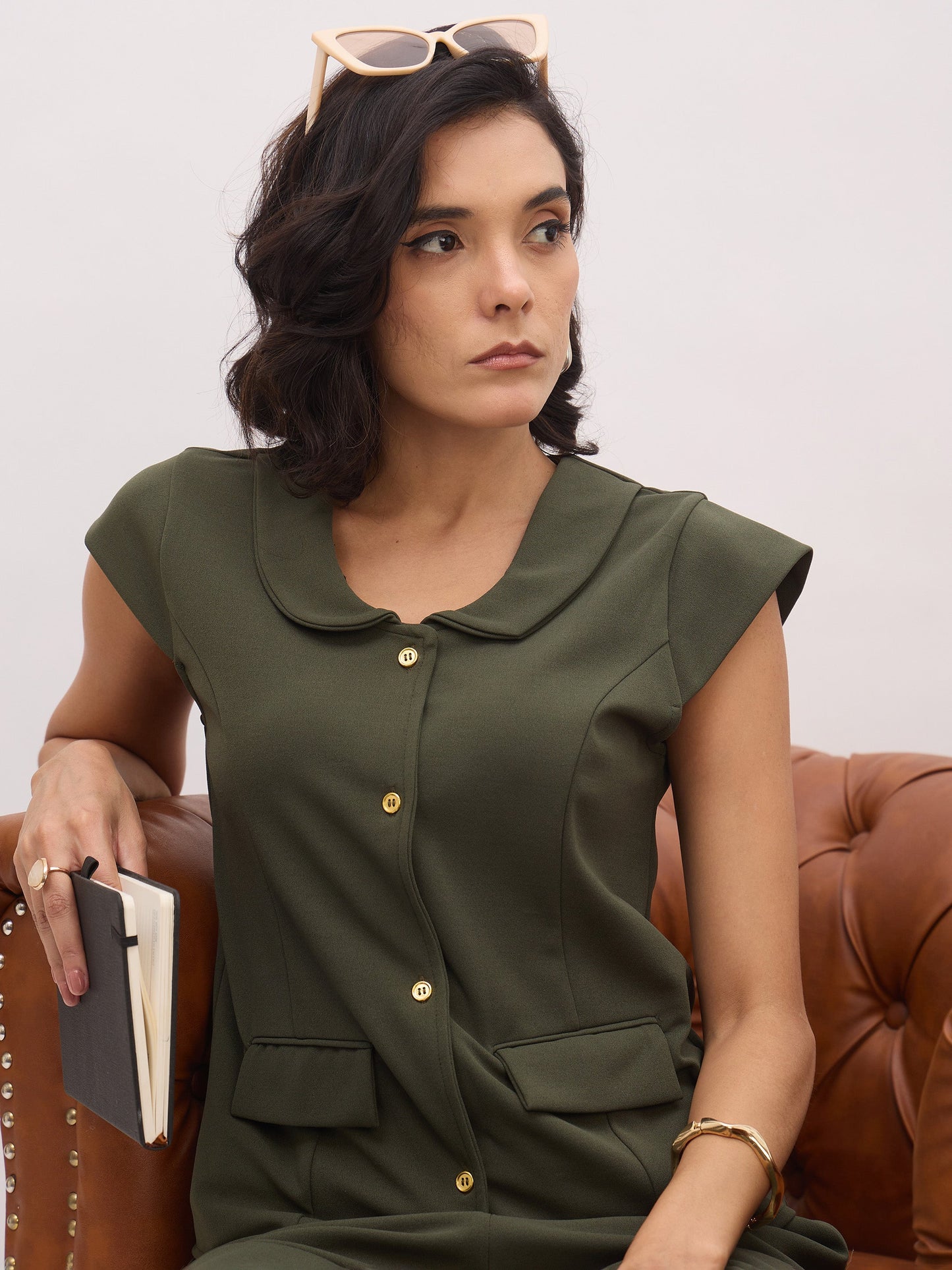 Olive PeterPan Collar Cap Sleeve Button Top