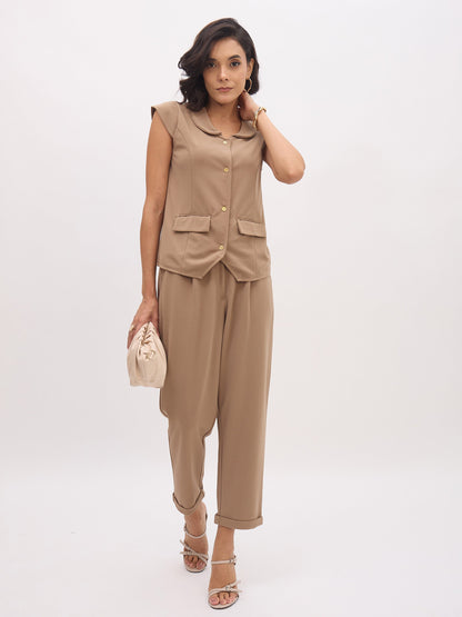Beige PeterPan Collar Cap Sleeve Button Top