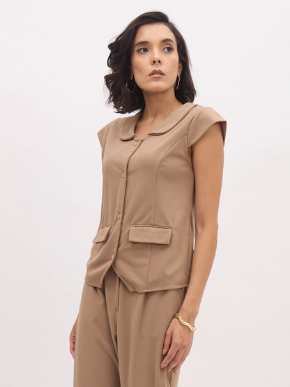 Beige PeterPan Collar Cap Sleeve Button Top