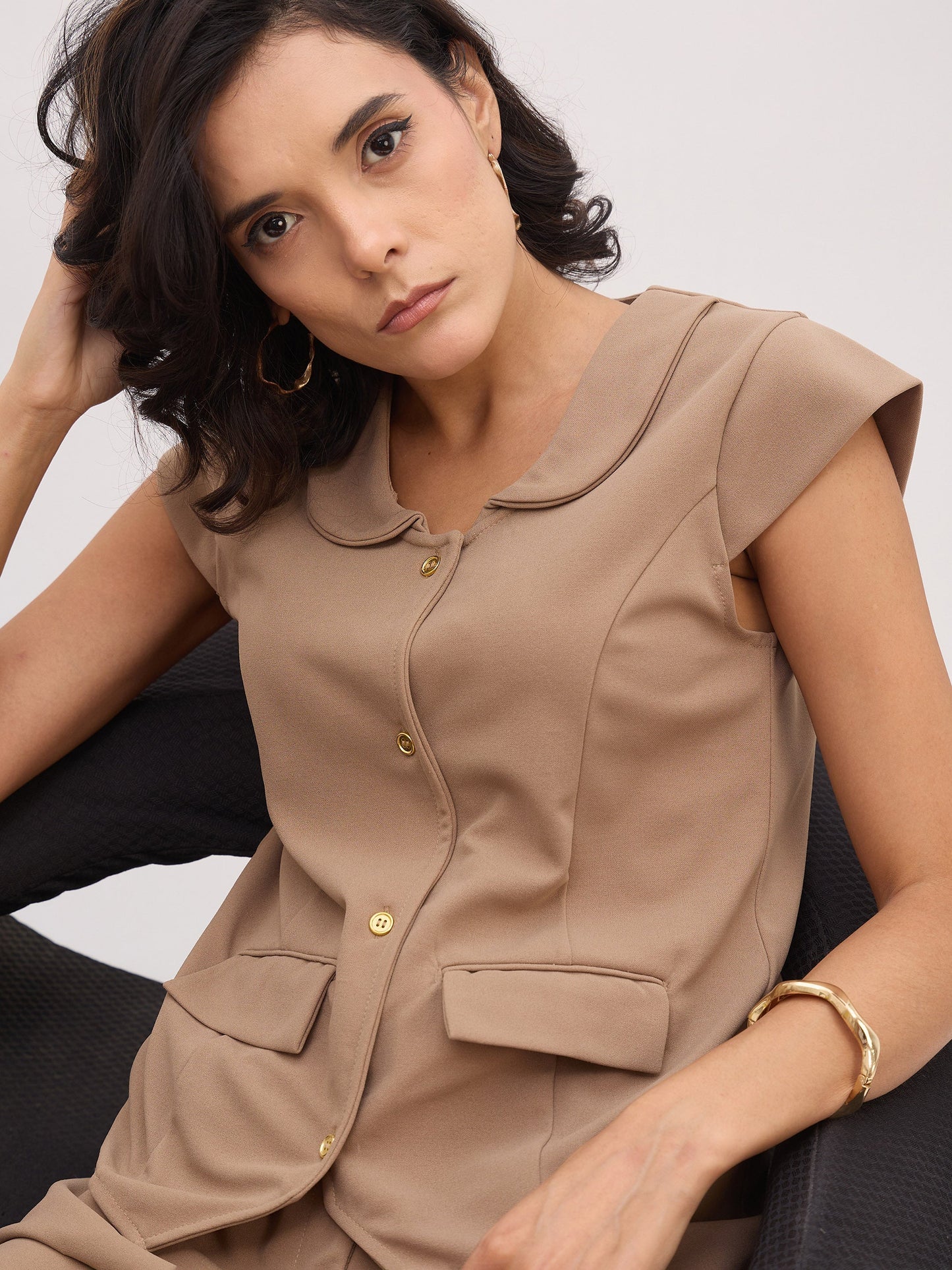 Beige PeterPan Collar Cap Sleeve Button Top