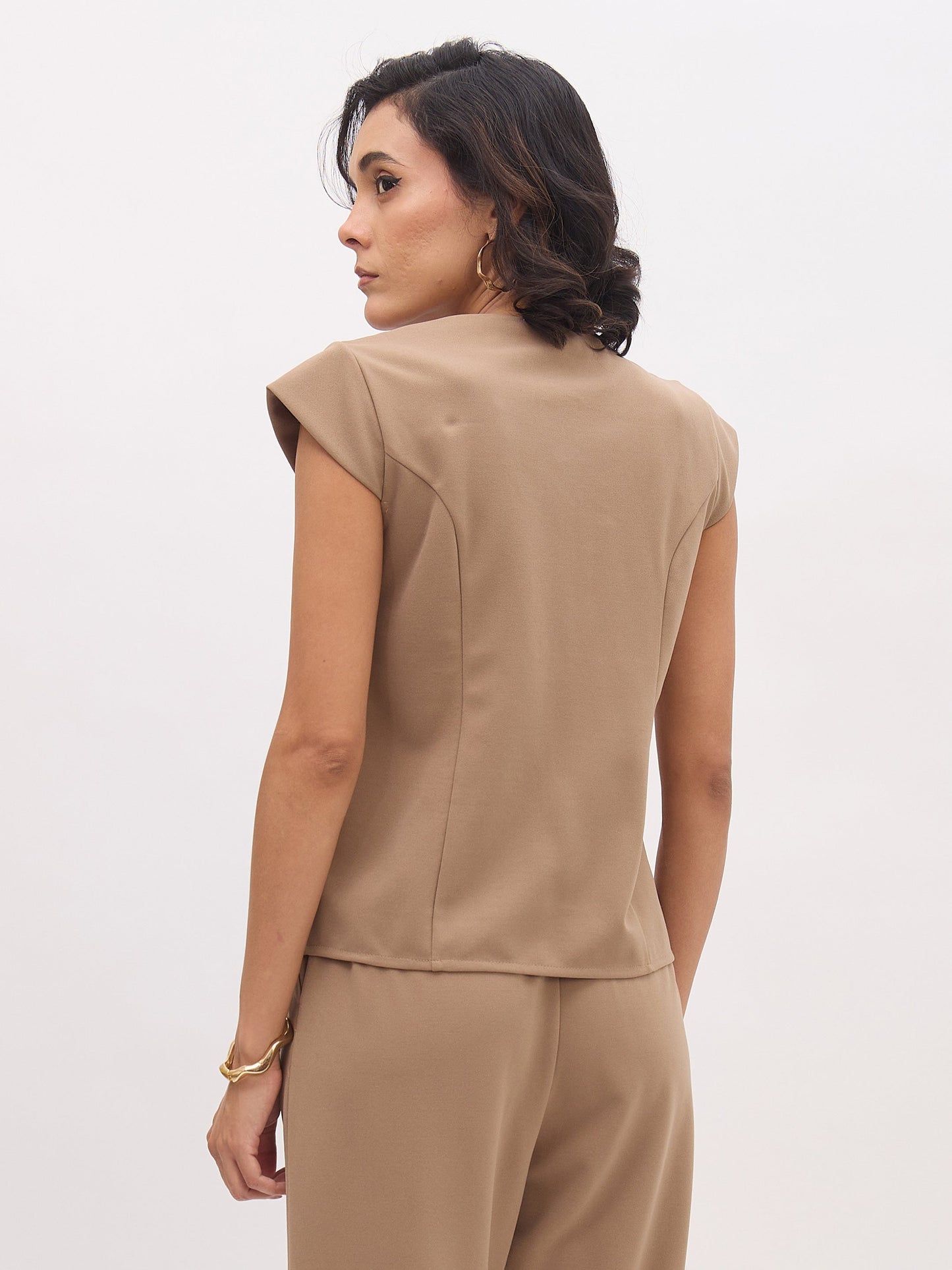 Beige PeterPan Collar Cap Sleeve Button Top