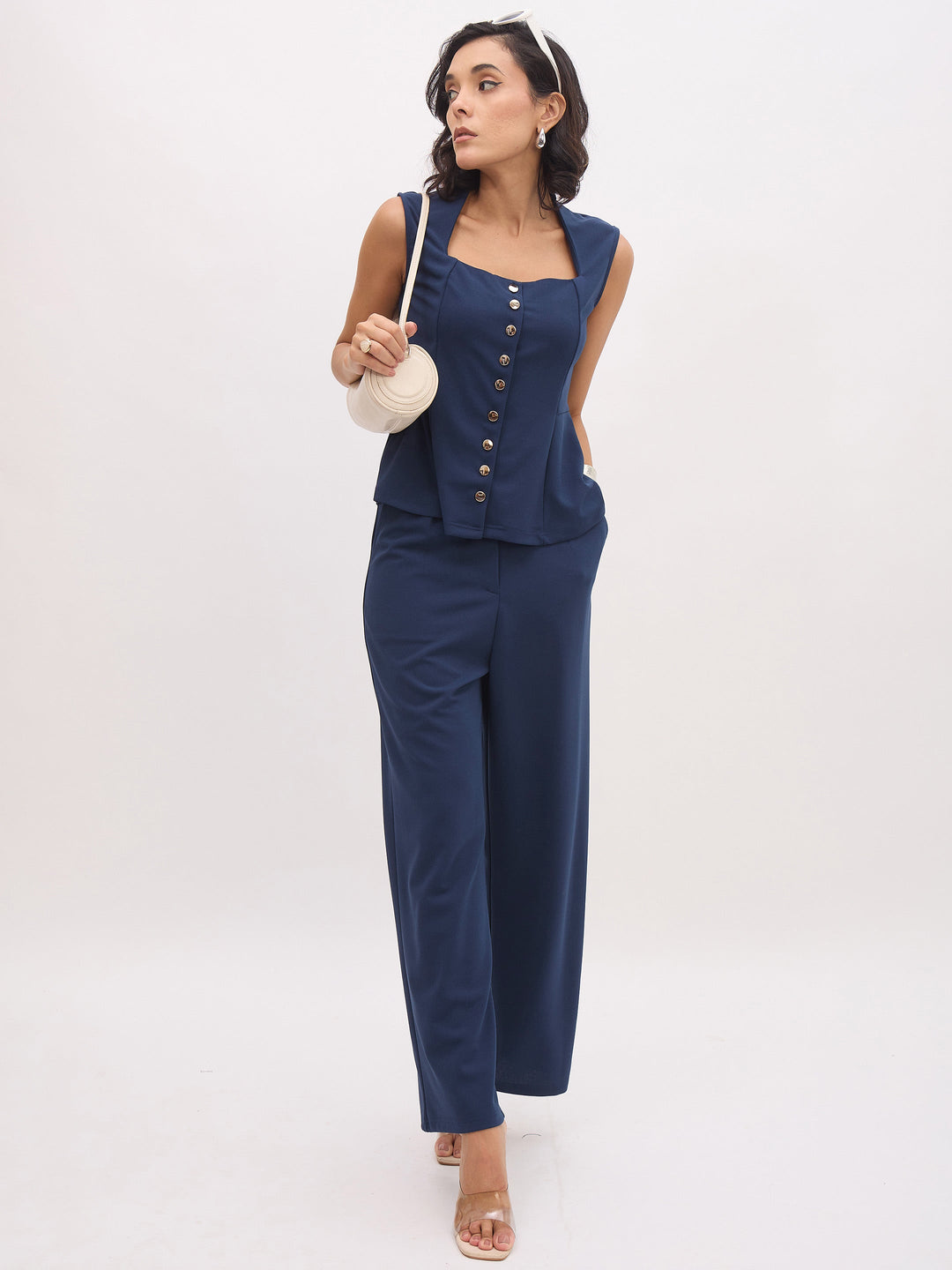 Women Blue Rhombus Neck Sleeveless Front Button Top