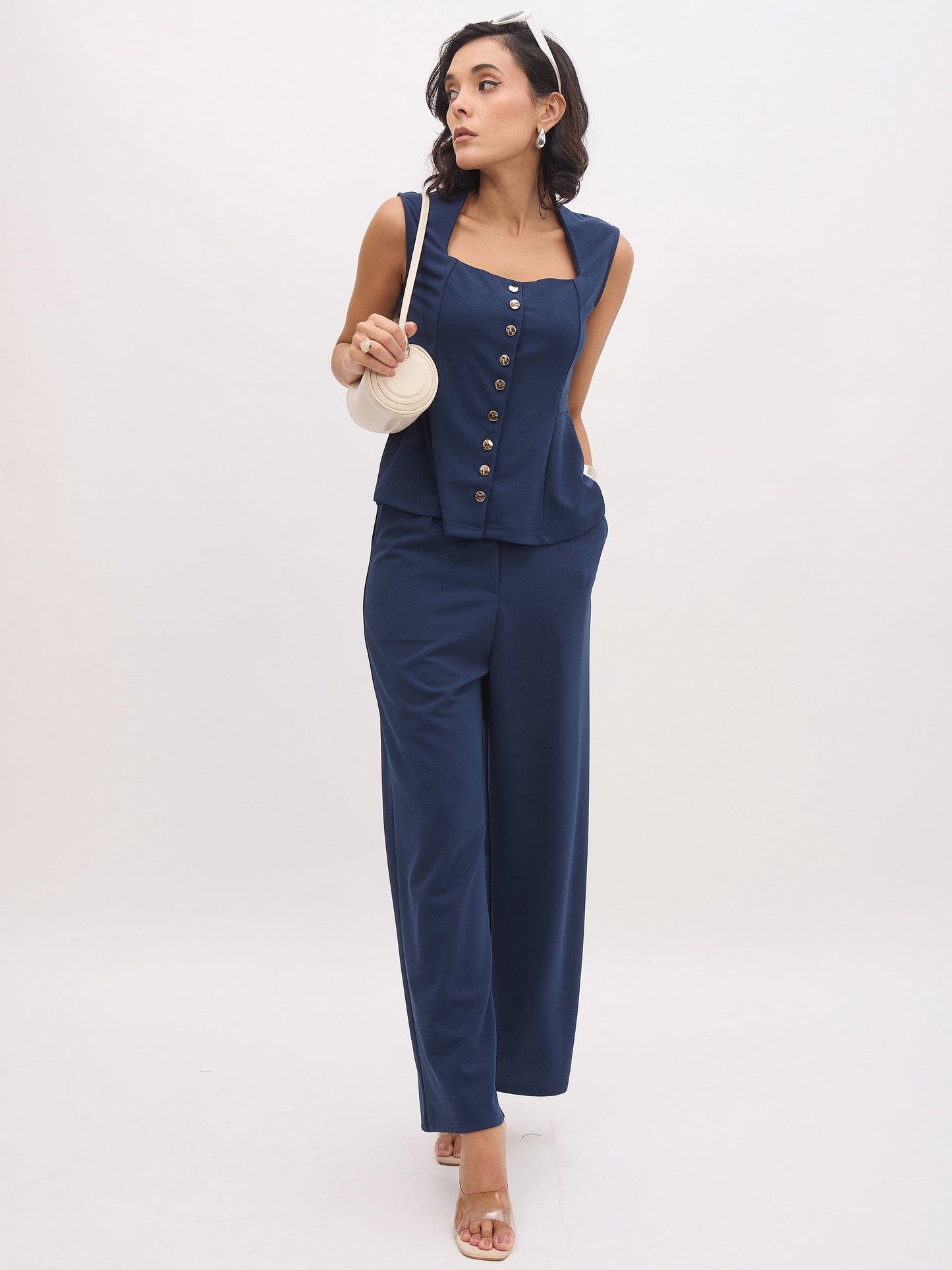 Women Blue Rhombus Neck Sleeveless Front Button Top