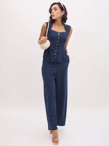 Women Blue Rhombus Neck Sleeveless Front Button Top