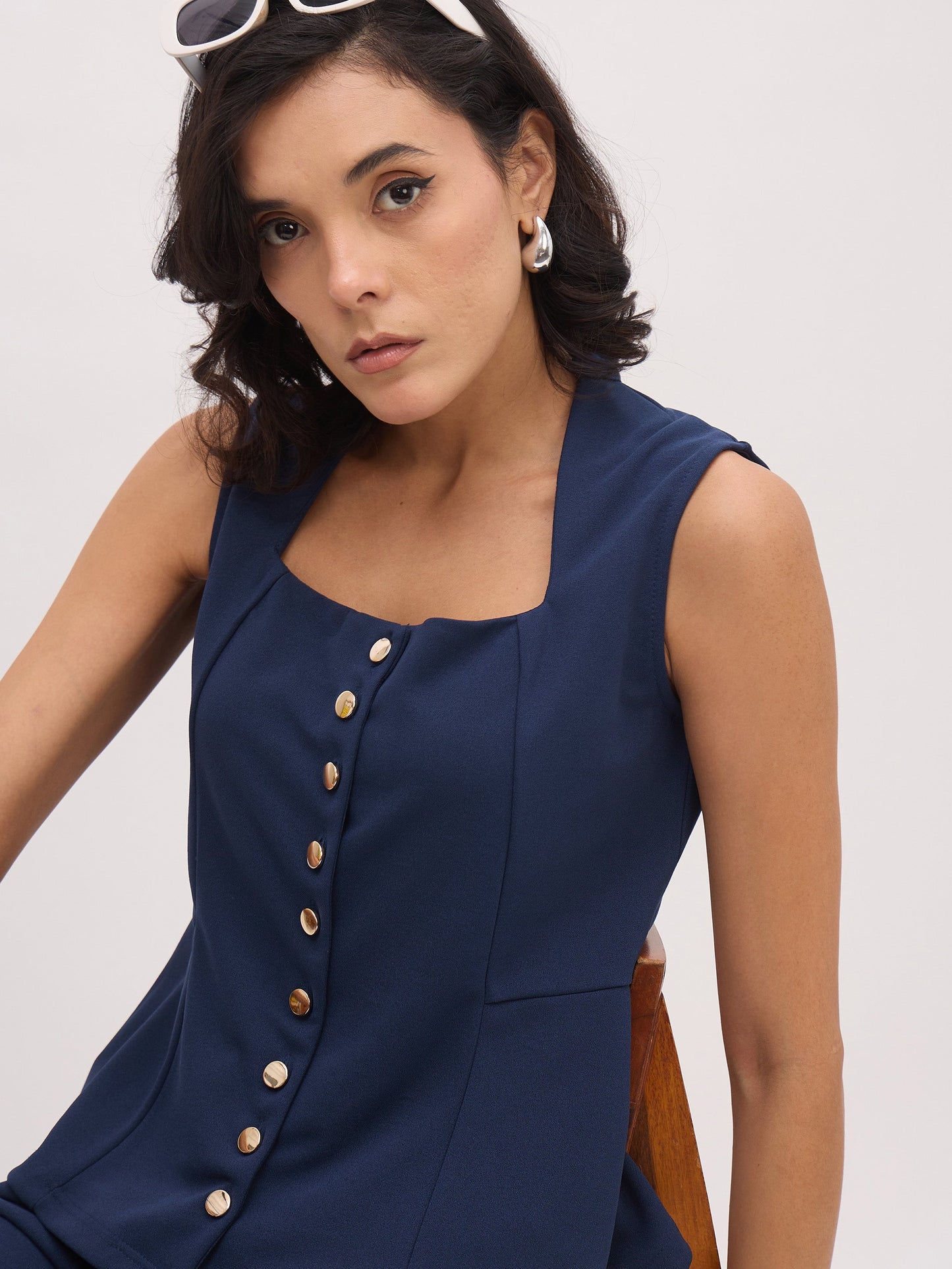 Women Blue Rhombus Neck Sleeveless Front Button Top