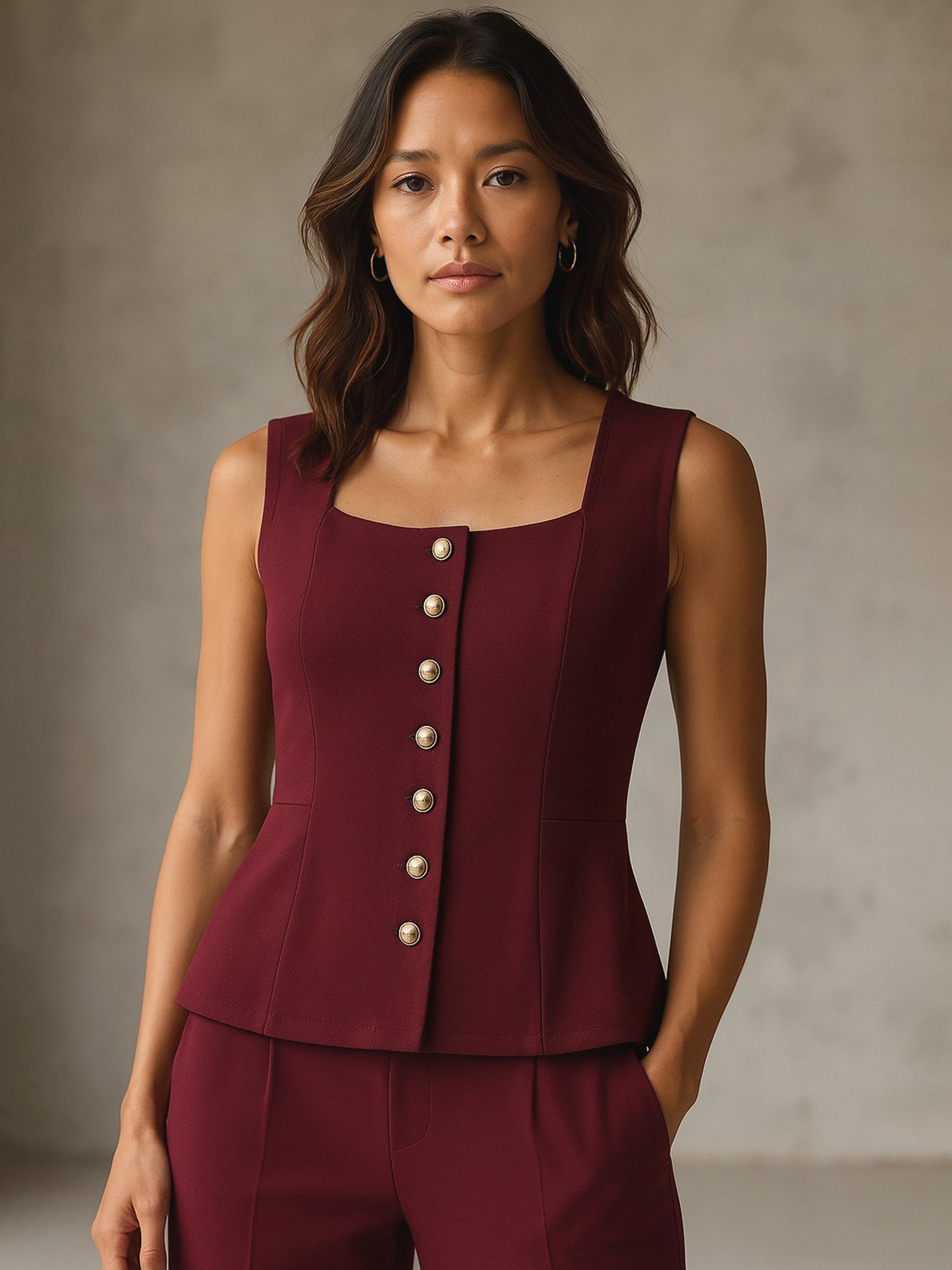 Women Burgundy Rhombus Neck Sleeveless Front Button Top