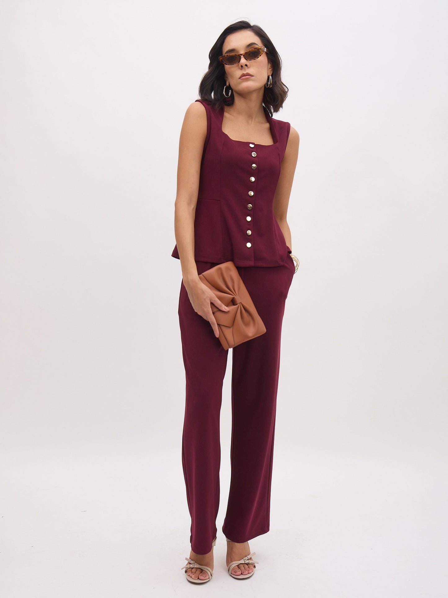Women Burgundy Rhombus Neck Sleeveless Front Button Top