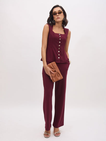 Women Burgundy Rhombus Neck Sleeveless Front Button Top