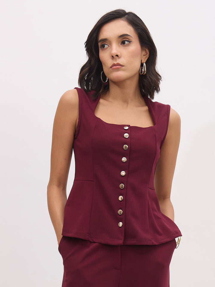 Women Burgundy Rhombus Neck Sleeveless Front Button Top