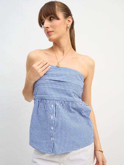 Women Blue & White Check Smoked Back Tube Top