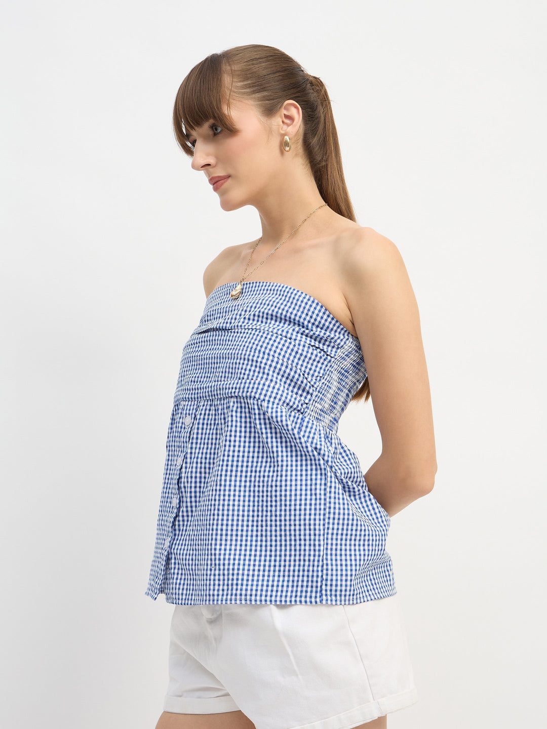 Women Blue &amp; White Check Smoked Back Tube Top