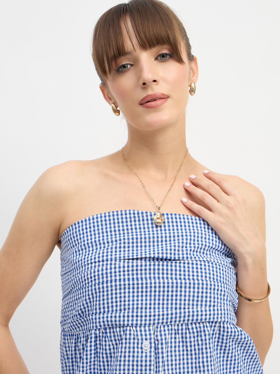 Women Blue &amp; White Check Smoked Back Tube Top