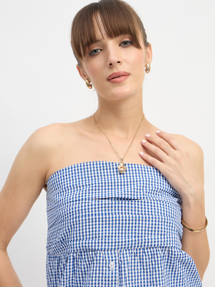 Women Blue &amp; White Check Smoked Back Tube Top