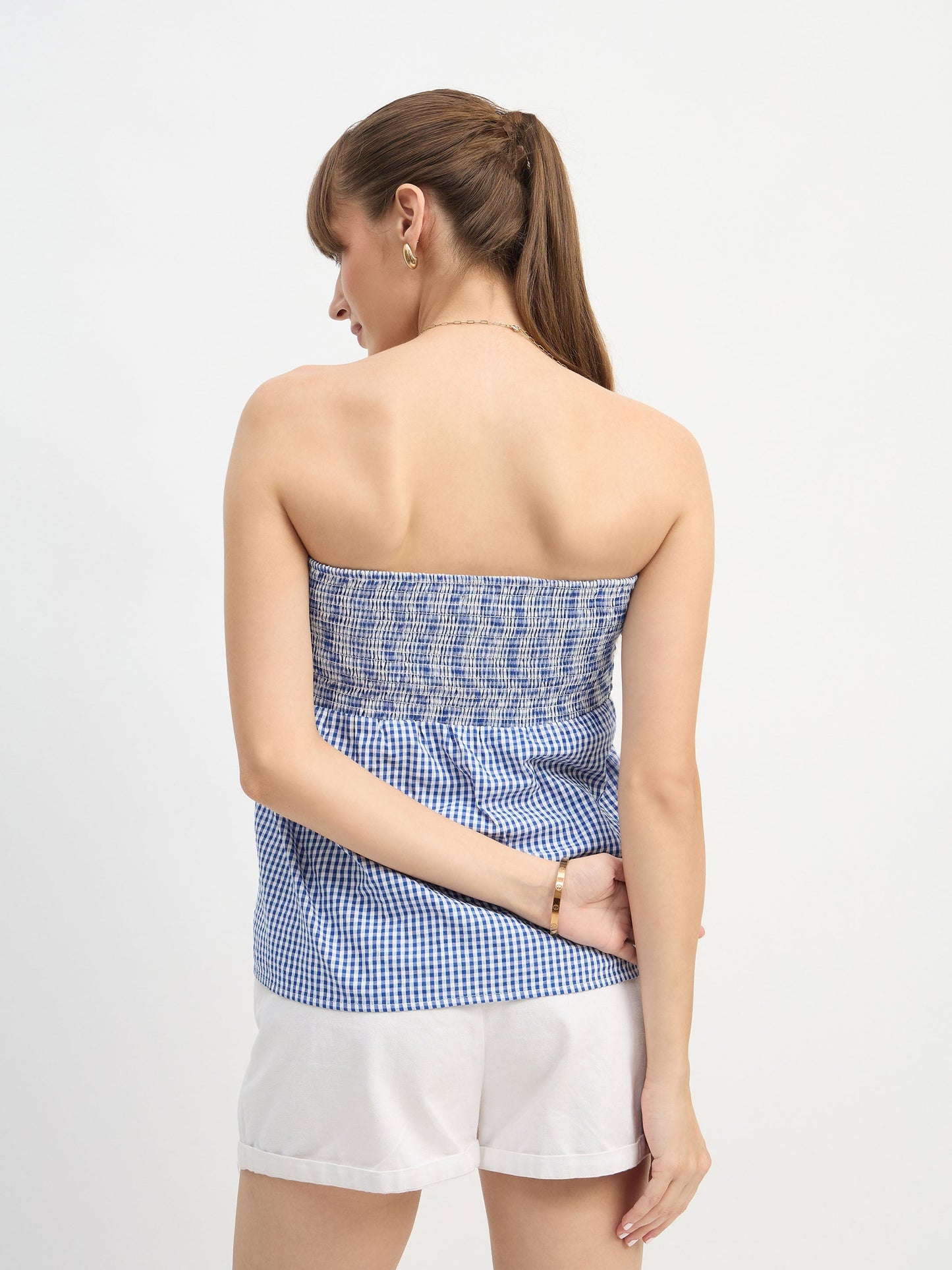 Women Blue & White Check Smoked Back Tube Top