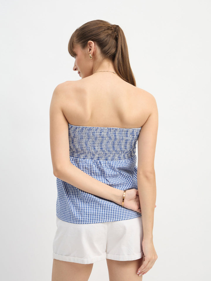 Women Blue &amp; White Check Smoked Back Tube Top