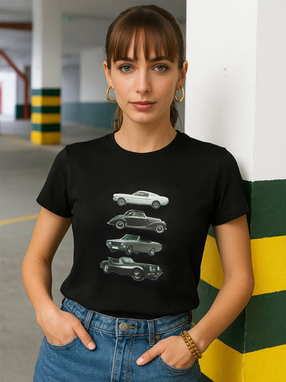 Women Black CAR Print Lycra T-Shirt