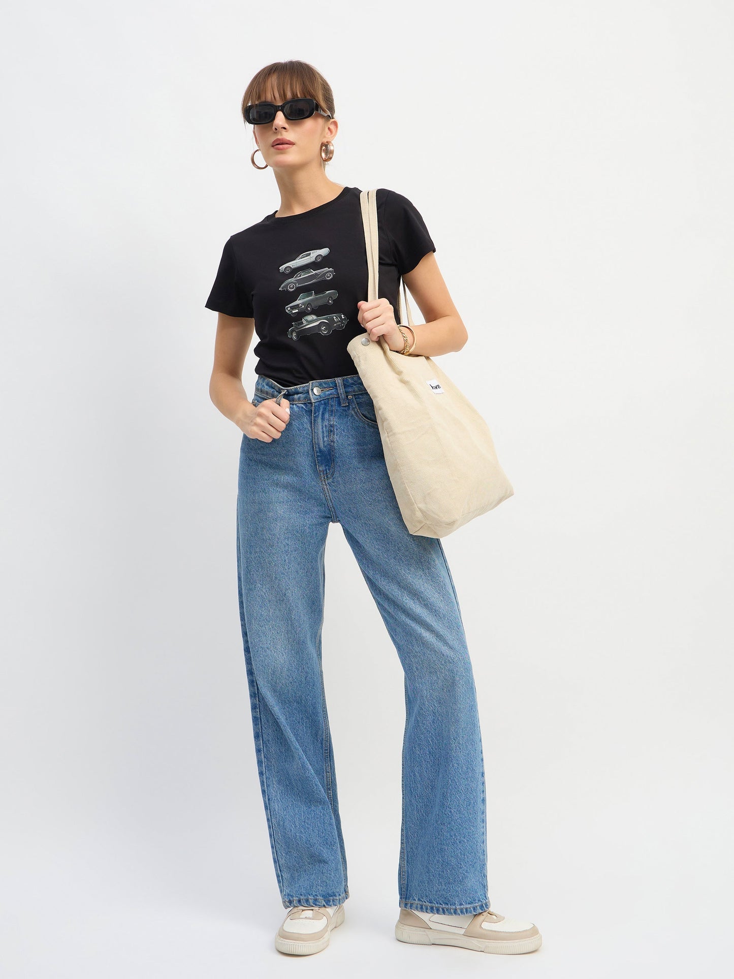 Women Black CAR Print Lycra T-Shirt