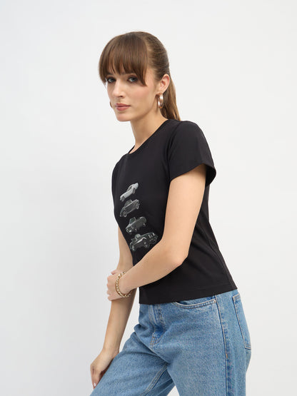 Women Black CAR Print Lycra T-Shirt