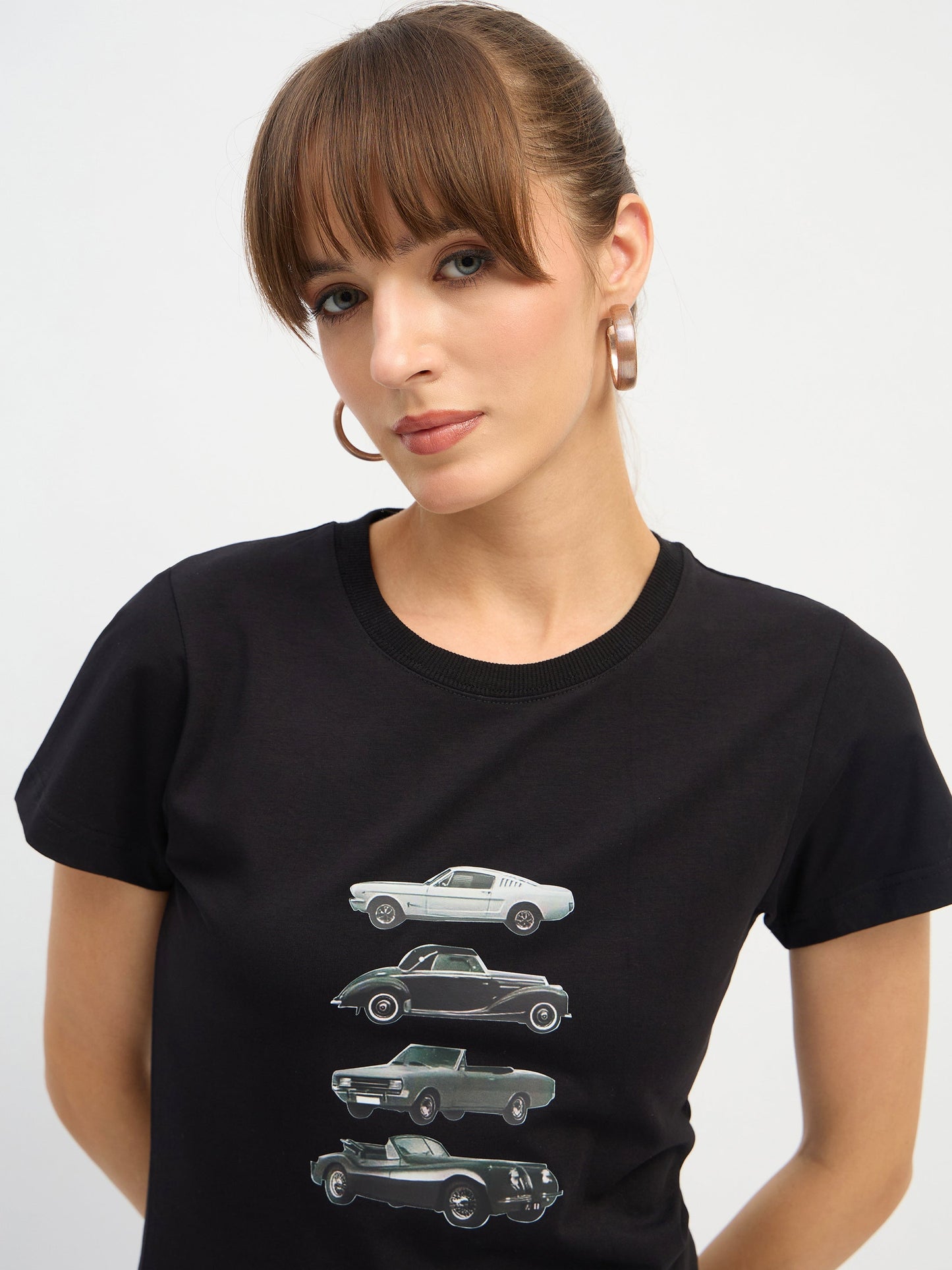 Women Black CAR Print Lycra T-Shirt