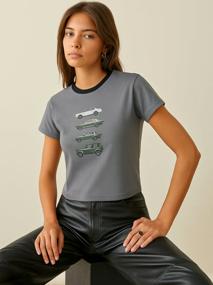 Women Grey CAR Print Lycra T-Shirt