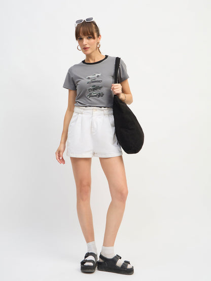 Women Grey CAR Print Lycra T-Shirt