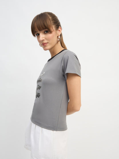 Women Grey CAR Print Lycra T-Shirt