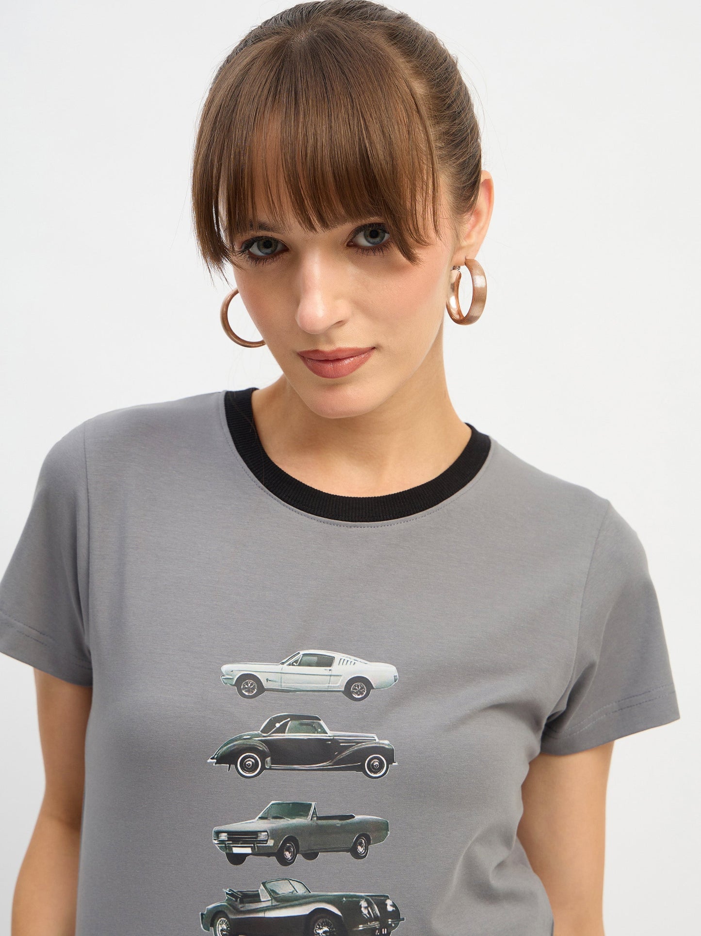 Women Grey CAR Print Lycra T-Shirt