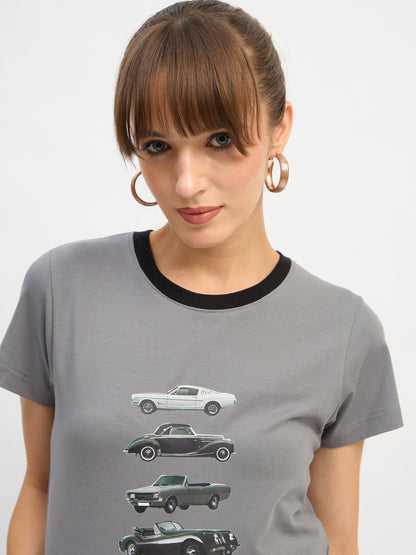 Women Grey CAR Print Lycra T-Shirt